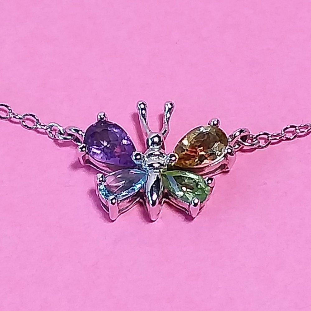 925 Sterling Silver Pendant Necklace Butterfly Multi Gemstone 16in 90s Vtg Y2K - Picture 4 of 8